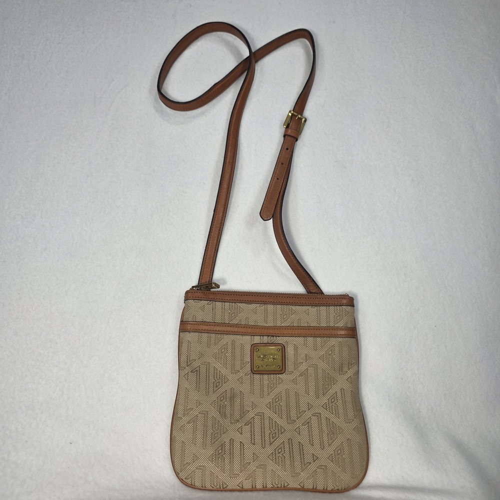 Lauren Ralph Lauren Signature LRL Skinny Crossbody Khaki Fabric Brown Leather
